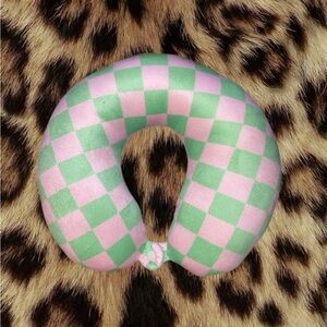 Pink and Mint Green Checkered U-Shaped Neck Travel Pillow